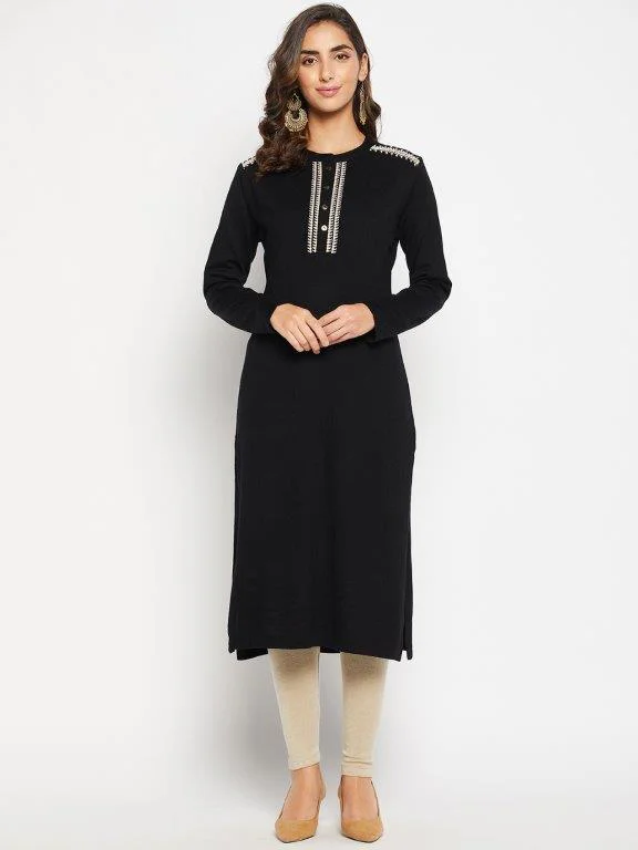 Women's Casual Round neck Black Embroidered Knee length Knit Kurti