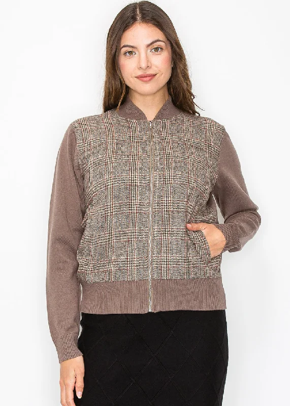 Taupe Plaid Panel Zip-Up Cardigan