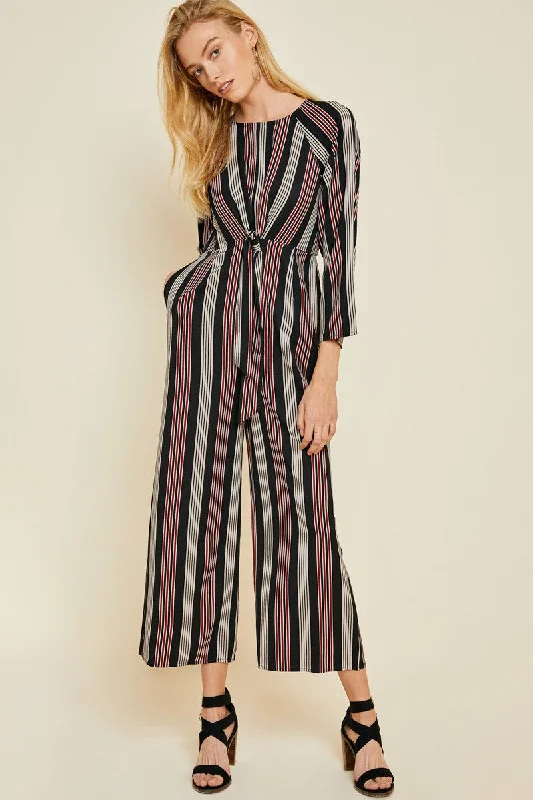 Striped Tie-Front Wide Leg Jumpsuit