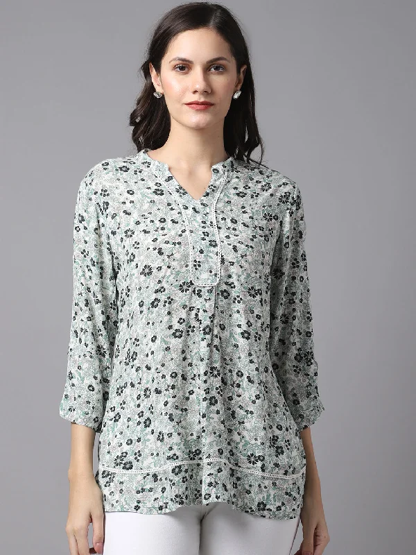 Women's Casual  Mintgreen Floral Print Mandarin Collar Tunic