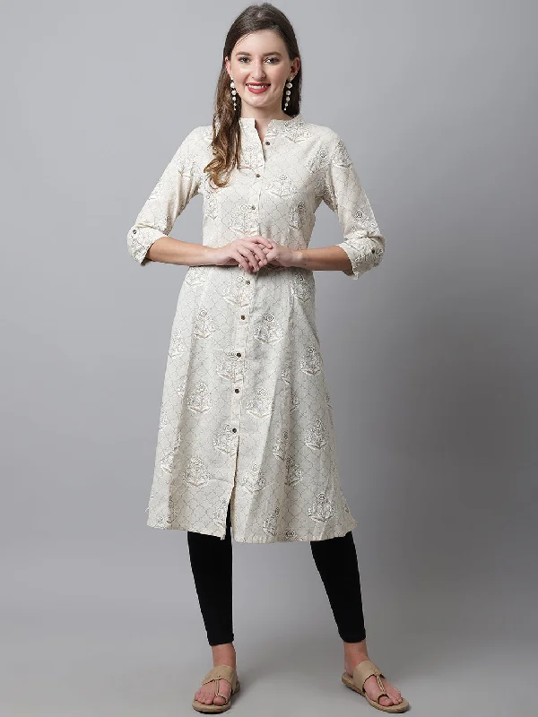 Women's Casual Band Collar Cream Printed Knee length Kurti