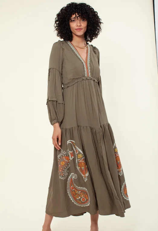 Hale Bob Olive Embroidered Maxi Dress