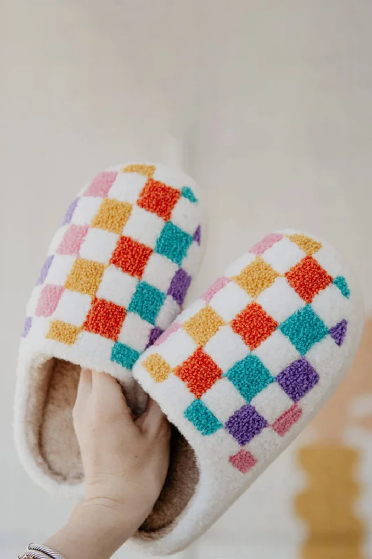 Multi Color Checkered Slippers for Women in White | KDC-SLPR-147 WHT