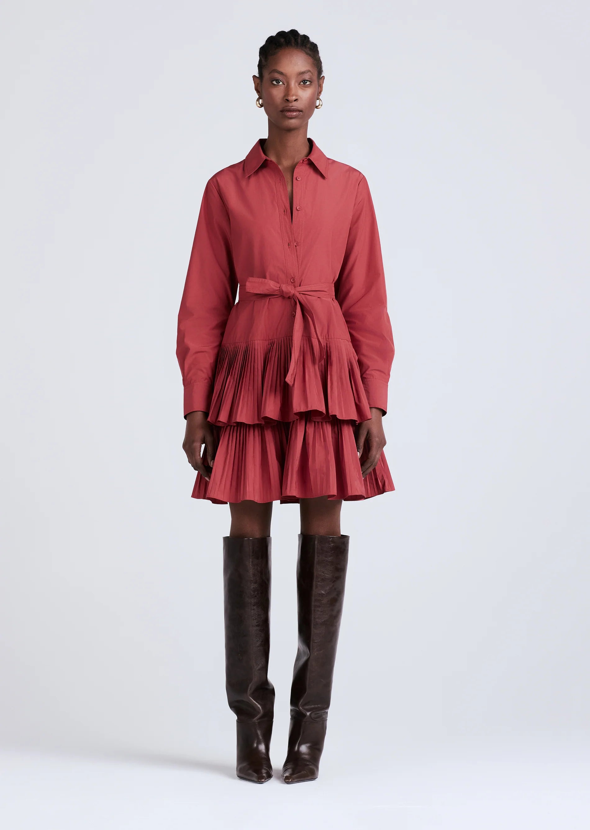 Derek Lam 10 Crosby - Sterling Long Sleeve Pleated Mini Dress in Rhubarb