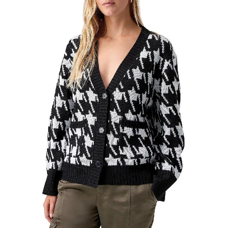 Warms My Heart Womens Houndstooth Button-Down Cardigan Sweater