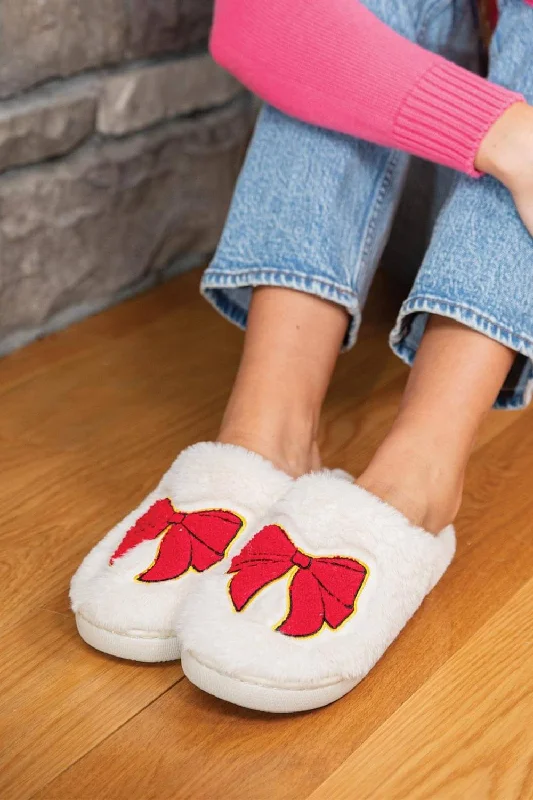 Simply Southern Red Bow Bunny Slippers for Women in White | PP-0224-SLPR-BNY-GLSN-BOW