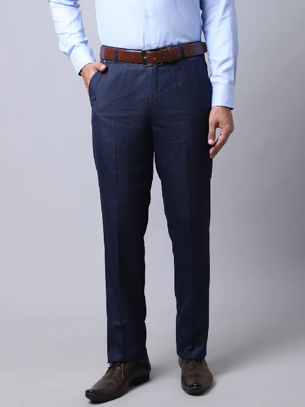 Men's Formal Flat front Navy Blue Checks Trousers