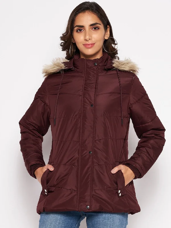 Women's Casual  Wine Quilted Detachable Hood with Faux Fur trim Jacket