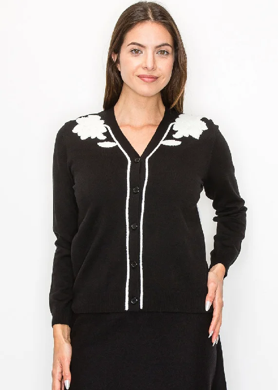 Black and White Floral Embroidered Cardigan