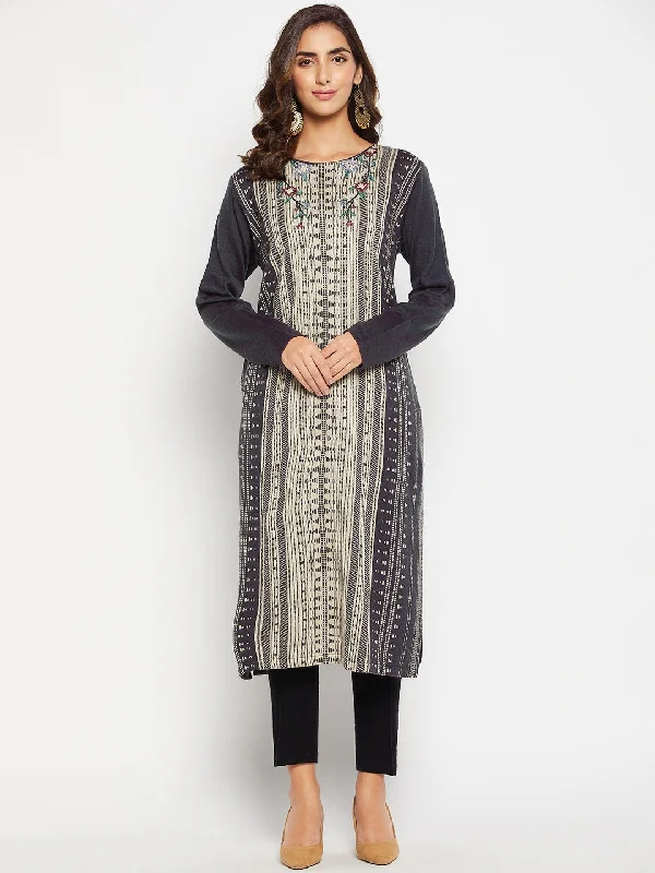 Women's Casual Round neck Grey All over Jacquard Calf length Knit Kurti