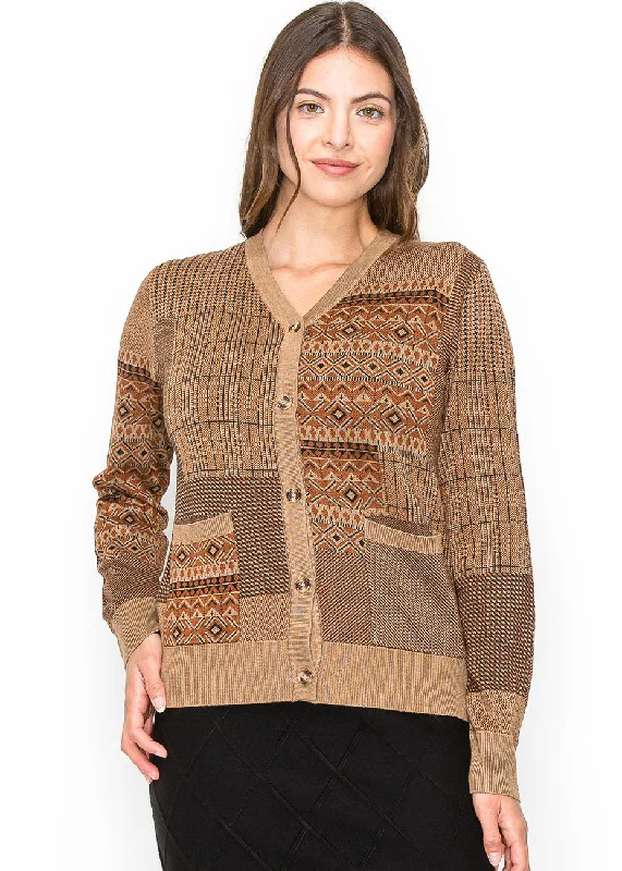 Camel Patchwork Button Cardigan