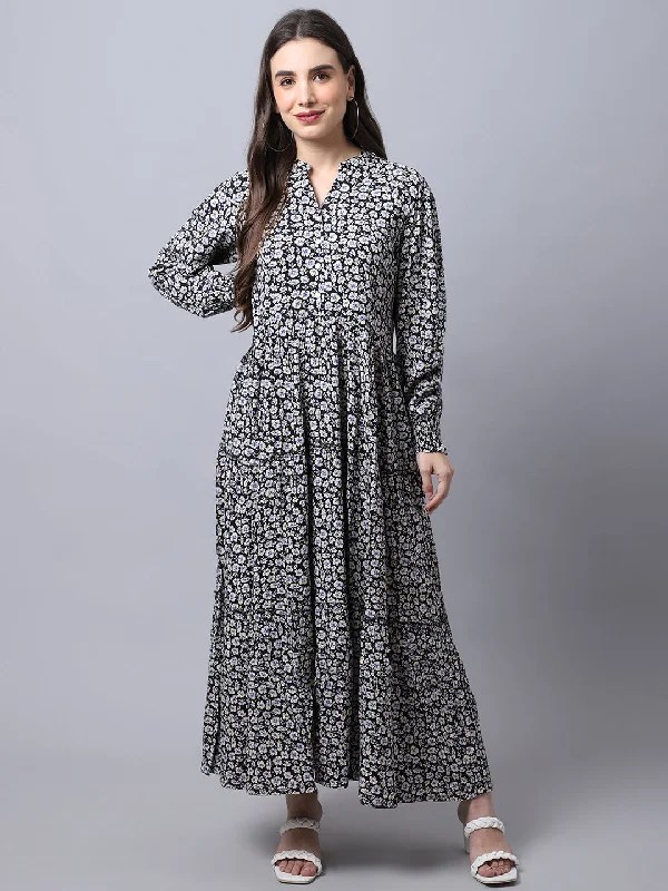 Women's  Mandarin collar Black Floral Print Maxi Dress