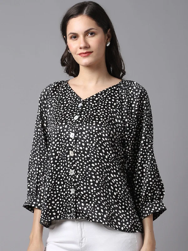 Women's Basic  Black Polka dot print V neck Top