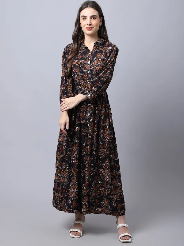 Women's  Spread Collar Black Paisley Print Maxi Dress