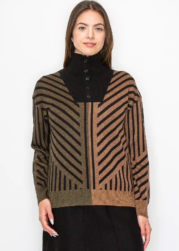 Camel & Black Sweater with Artistic Stripes