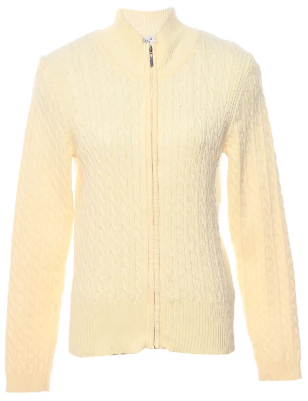 Pale Yellow Cable Knit Cardigan - M