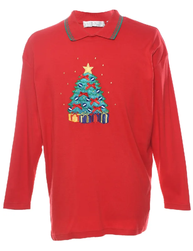 Red Embroidered Christmas Tree Design Sweatshirt - L