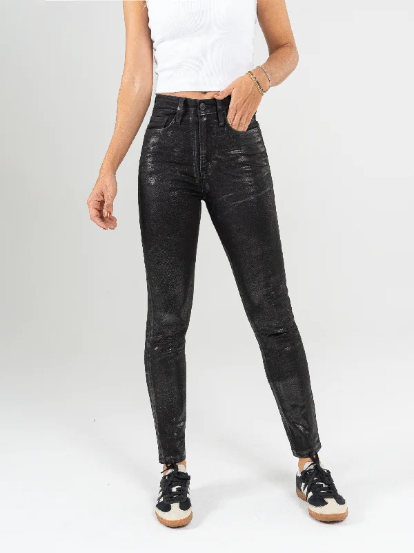 Ref: 065258 Jean skinny stretch, tiro alto, tono negro, con efecto metalizado negro