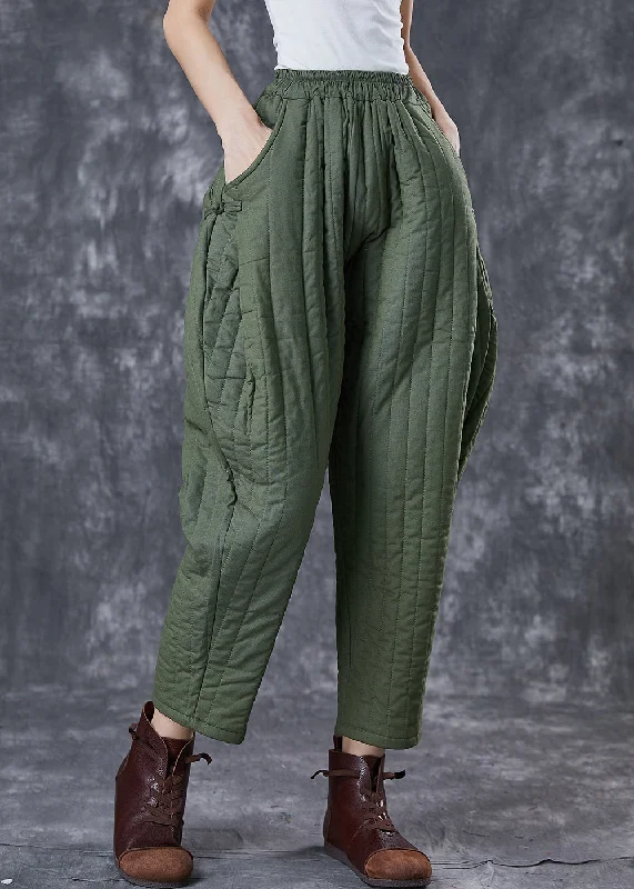 Army Green Fine Cotton Filled Harem Pants Oversized Oriental Winter