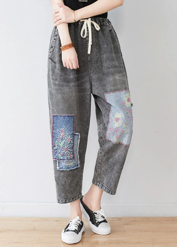 Bohemian Grey Embroideried Patchwork Applique Cotton Denim Pants Spring