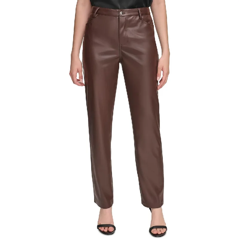 Calvin Klein Womens Faux Leather High Rise Straight Leg Pants