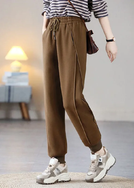 Casual Coffee Elastic Waist Patchwork Drawstring Warm Fleece Pants Trousers Spring