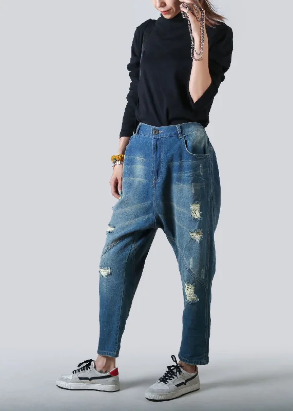 DIY Blue Patchwork Pockets Elastic Waist Harem Pants Spring