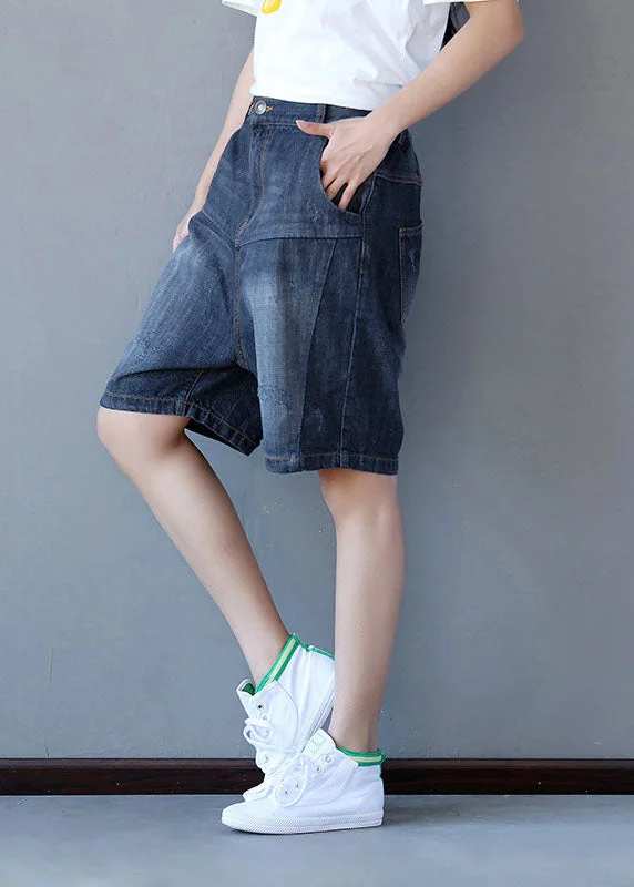 French Black Elastic Waist Cotton Straight Pants Shorts Summer