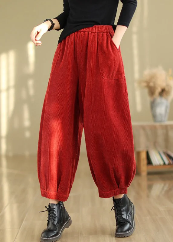 French Red Pockets Elastic Waist Corduroy Crop Pants Fall