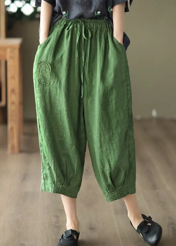 Green Pockets Linen Crop Pants Embroideried Summer