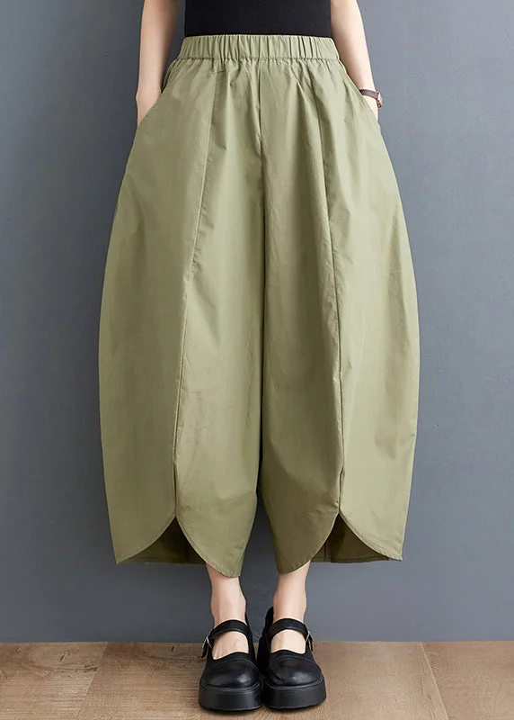 Loose Army Green Pockets Elastic Waist Cotton Crop Pants Fall