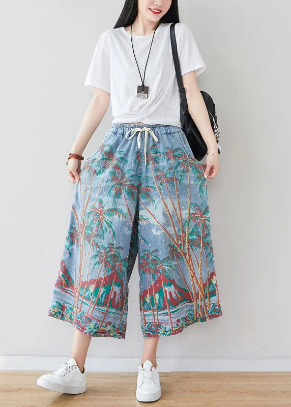 Loose Denim Blue Elastic Waist Print Cotton Wide Leg Pants Spring