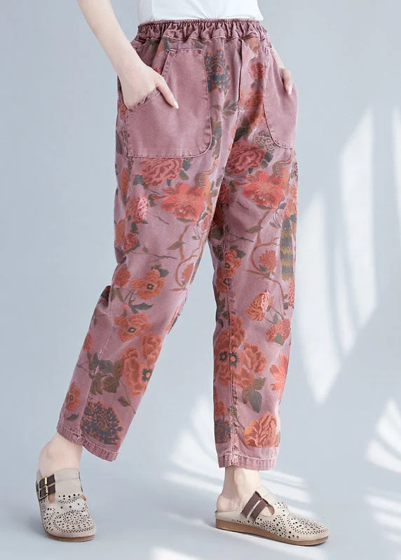 Plus Size Brick Red Elastic Waist Print Cotton Denim Pants Spring