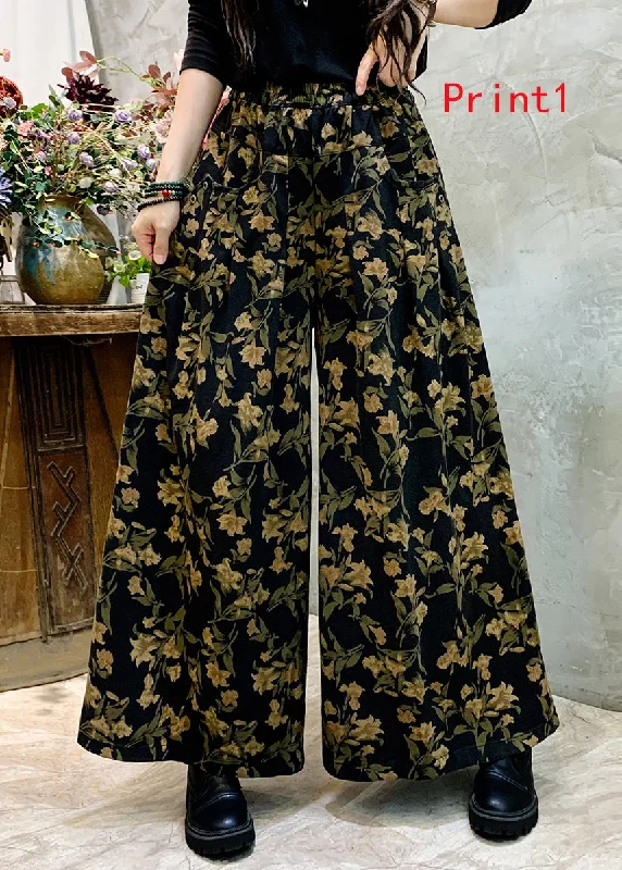 Vintage Casual Print Denim Wide Leg Pants For Autumn